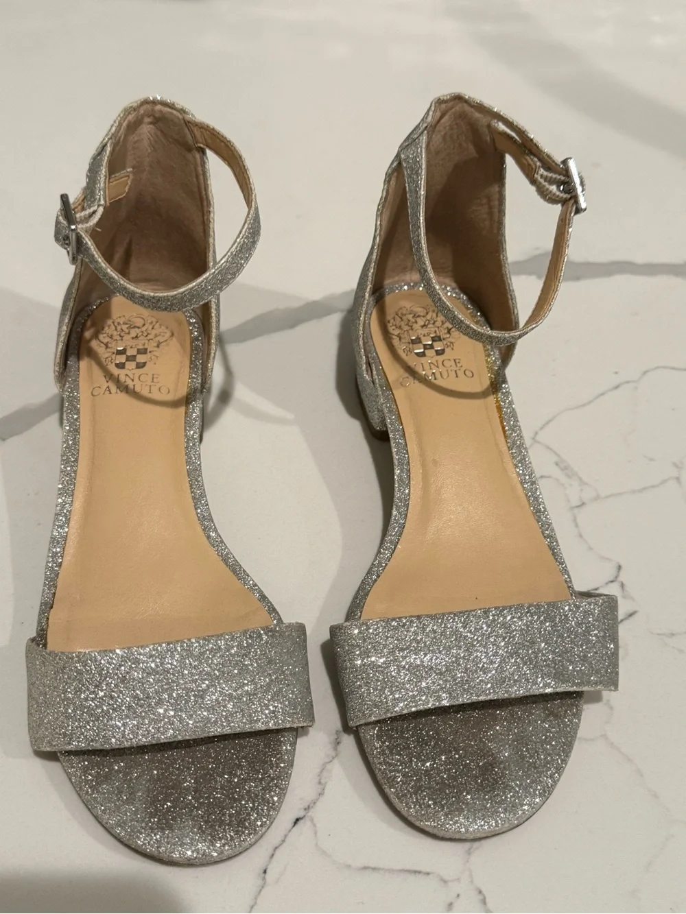 Girls Vince Camuto Silver Glitter Ankle-Strap Block Heel Sandals